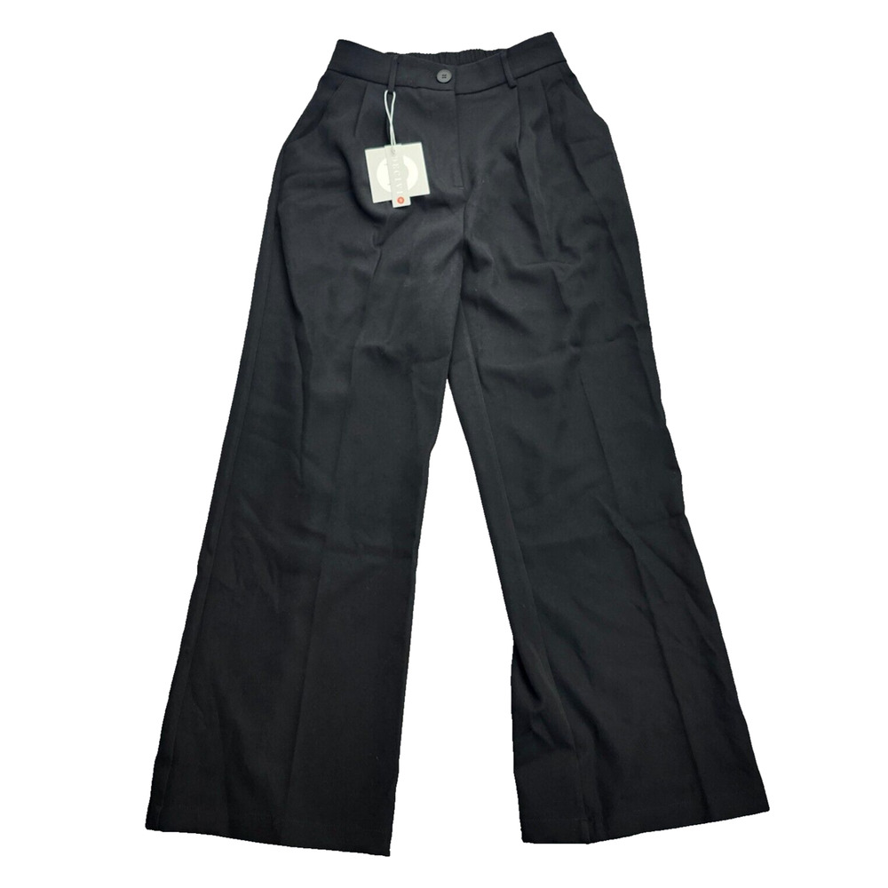 Decivi Women Loose Pleated Front Long Pants Wide Leg Trousers Solid Black Small